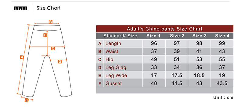 Chinos Size Chart